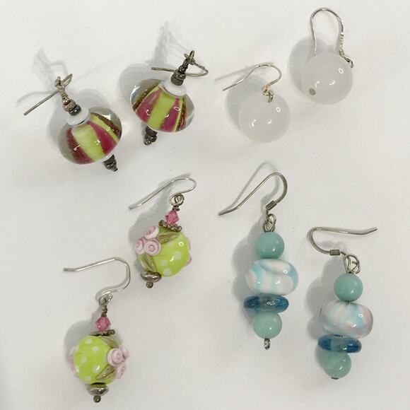 Vintage Lampwork Rose 925 Sterling Art Glass Quartz Beaded Drop Earring Sets Lot - Picture 2 of 16